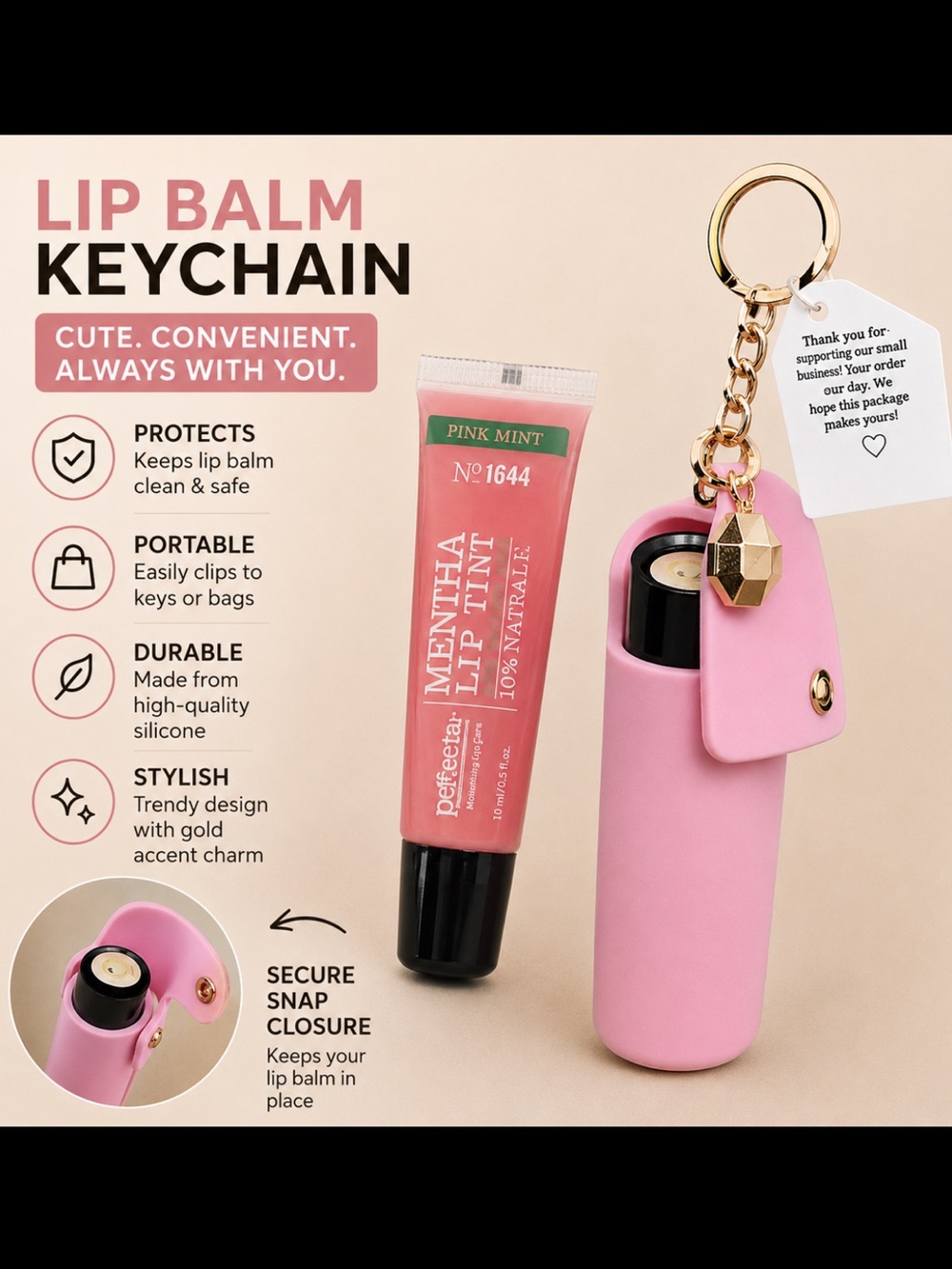 Bath & Body Works Pink Lip Balm & Holder Keychain with Crystal Charm